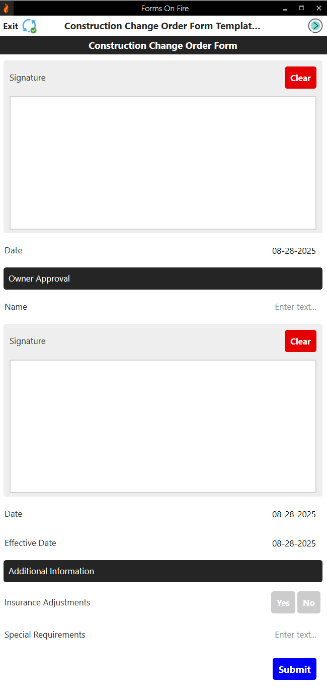 Construction change order form screen 3.