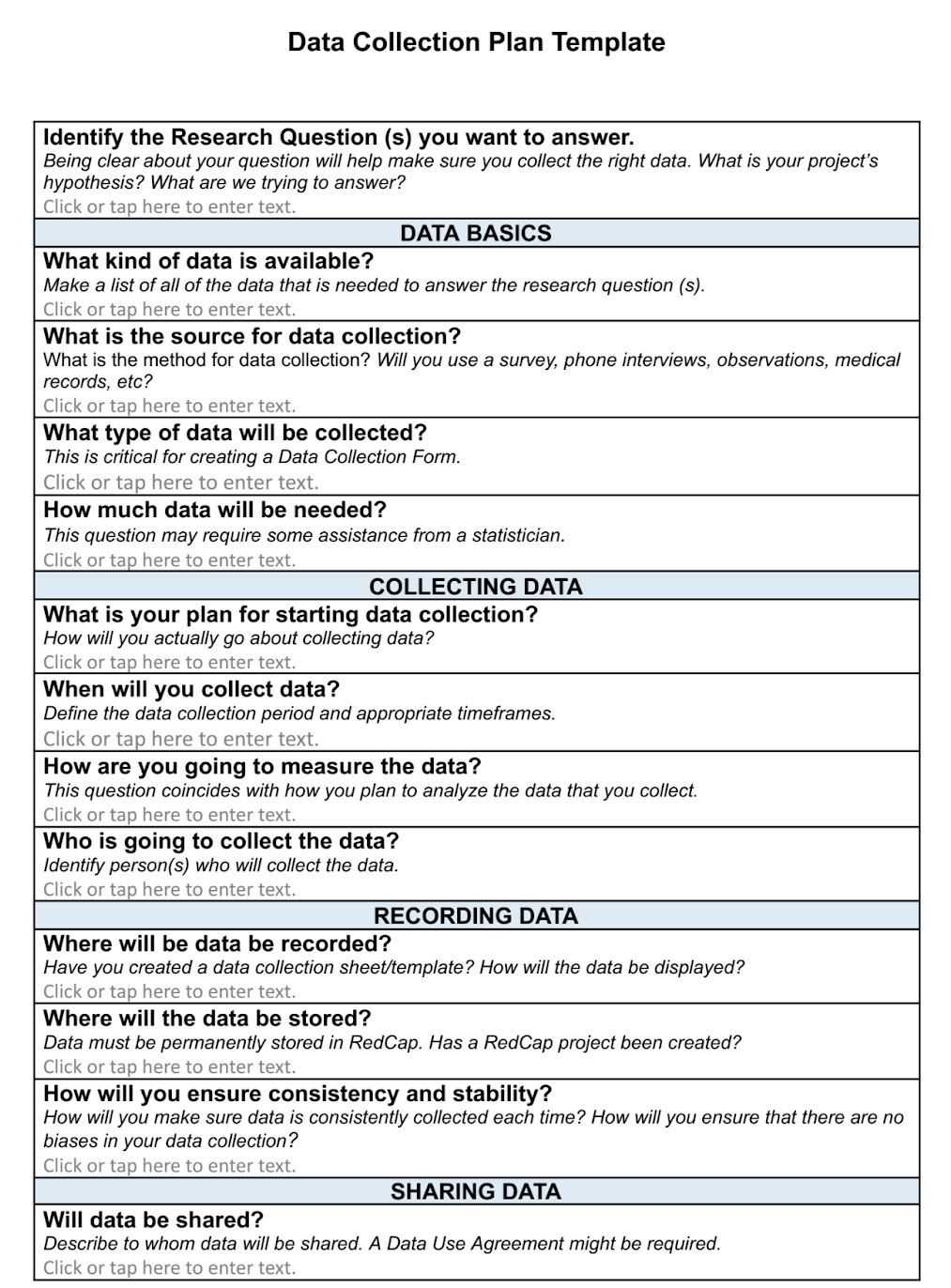Data collection plan template for a clinical trial.
