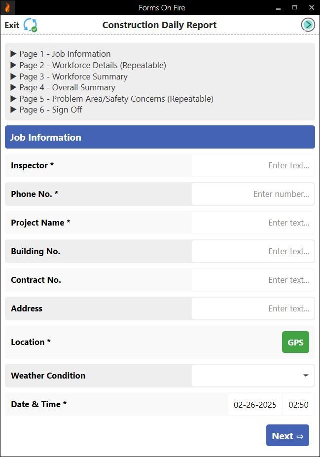 A sample construction daily report template built using Forms On Fire.