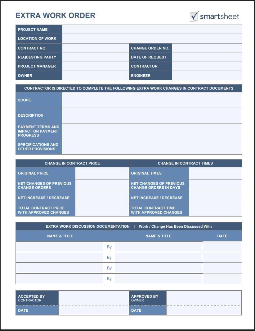 Construction extra work order template from Smartsheet.