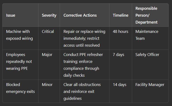 An example of a simple corrective action plan that can be included in a safety audit report.