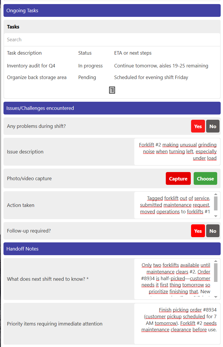 End-of-shift report template screen 2.