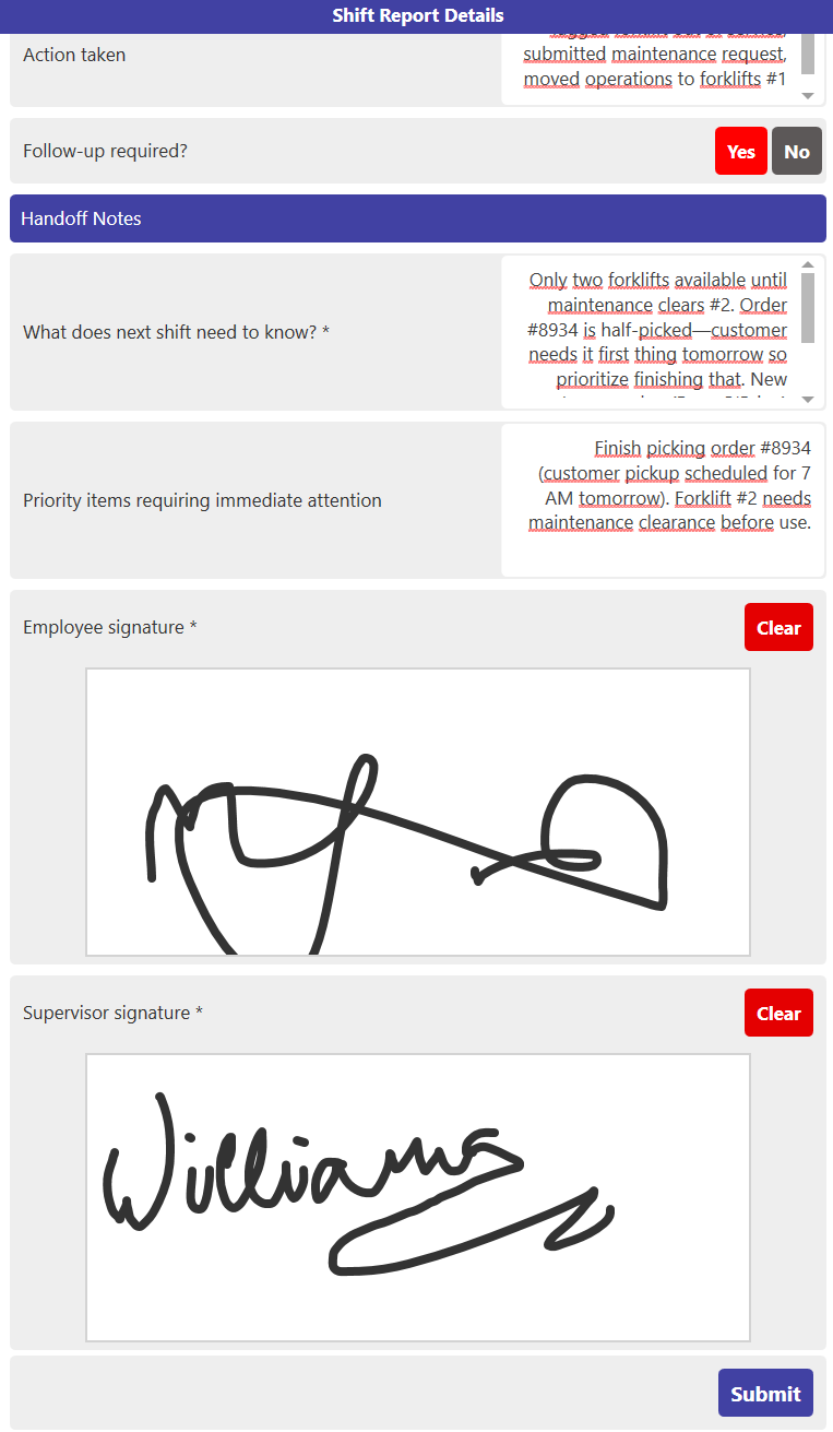 End-of-shift report template screen 3.