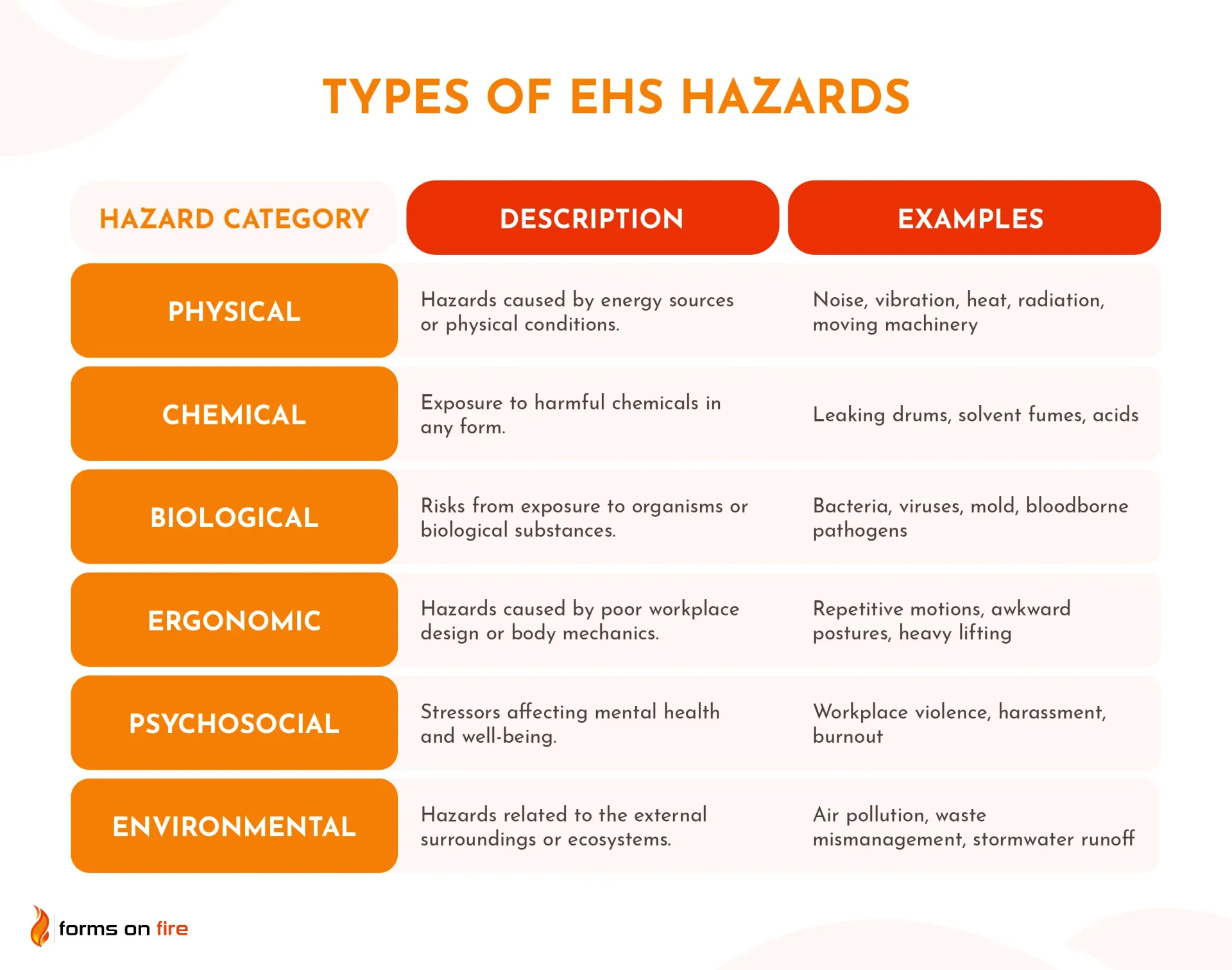 A table listing different types of EHS hazards with examples.