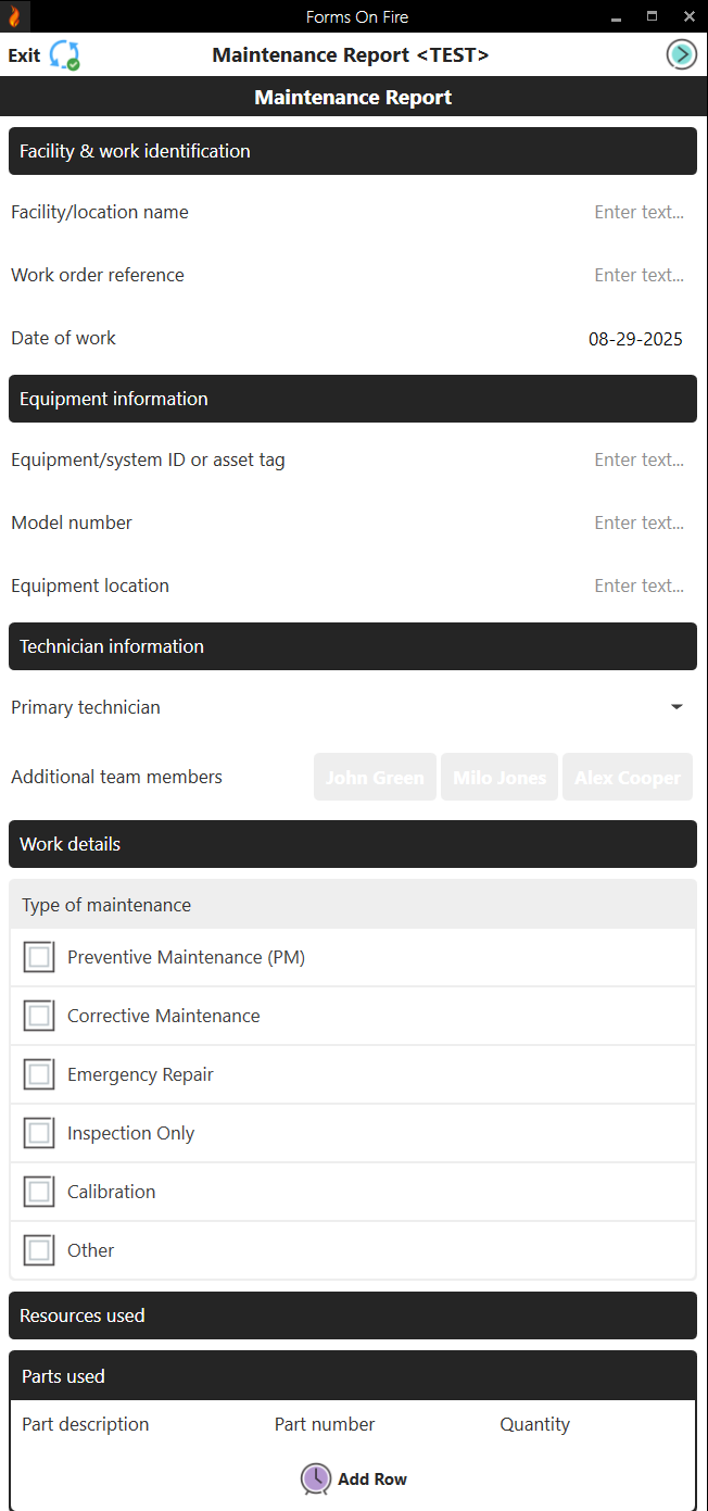 Maintenance report form screen 1.