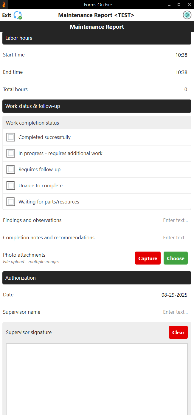 Maintenance report form screen 2.