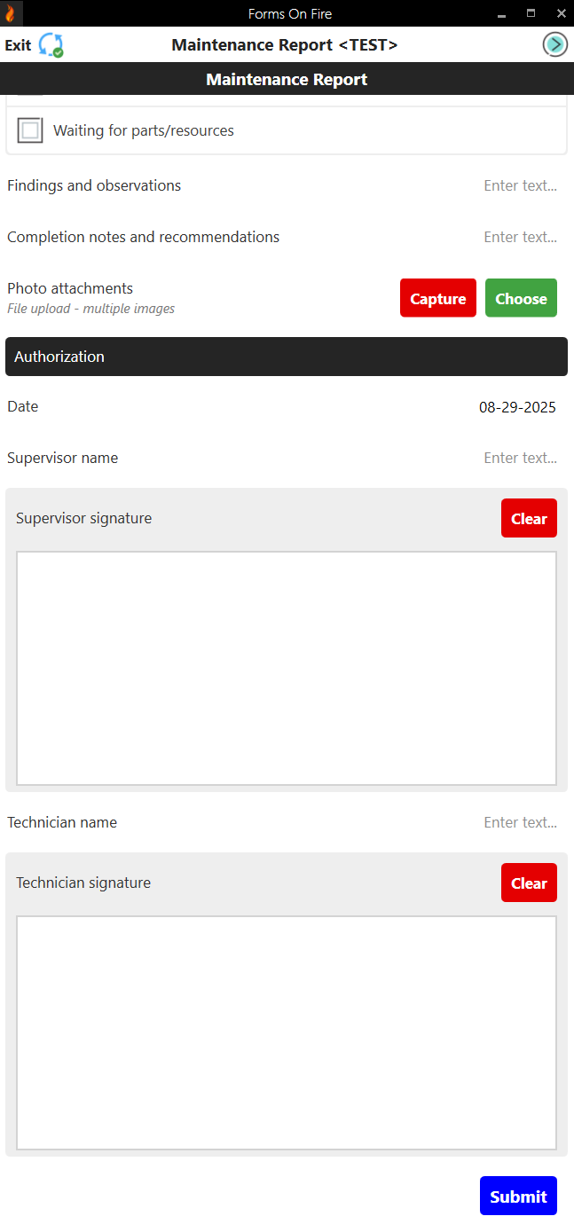 Maintenance report form screen 3.