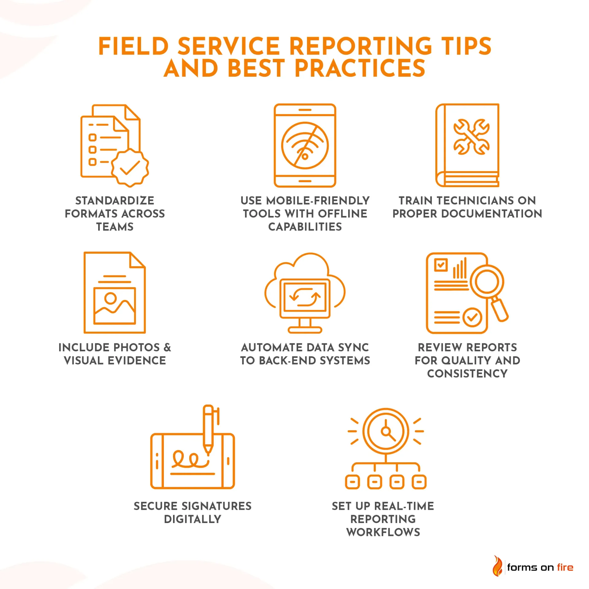 A graphic listing field service reporting tips and best practices.