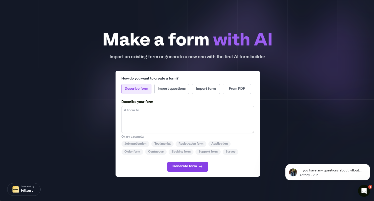 A screenshot of Fillout AI builder.