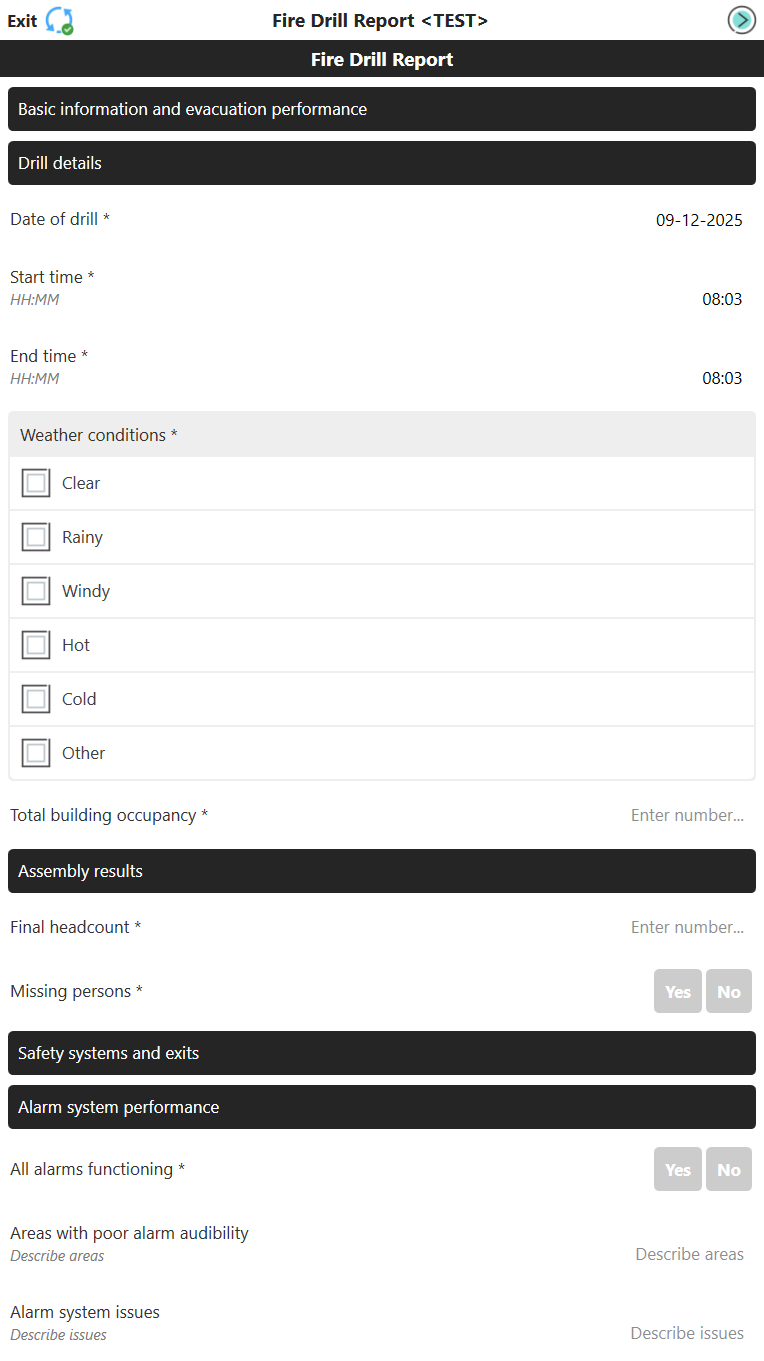 Fire Drill Report Form screen 1.