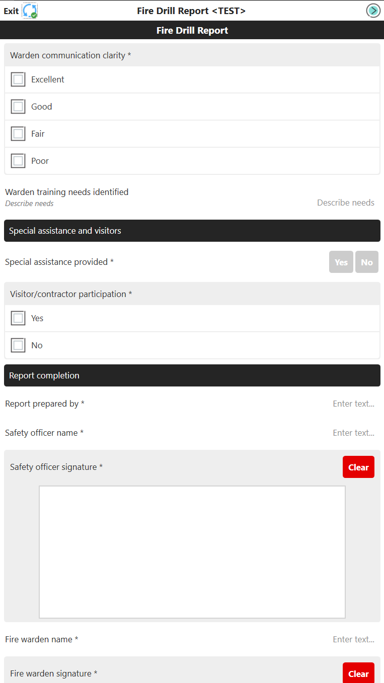 Fire Drill Report Form screen 3.