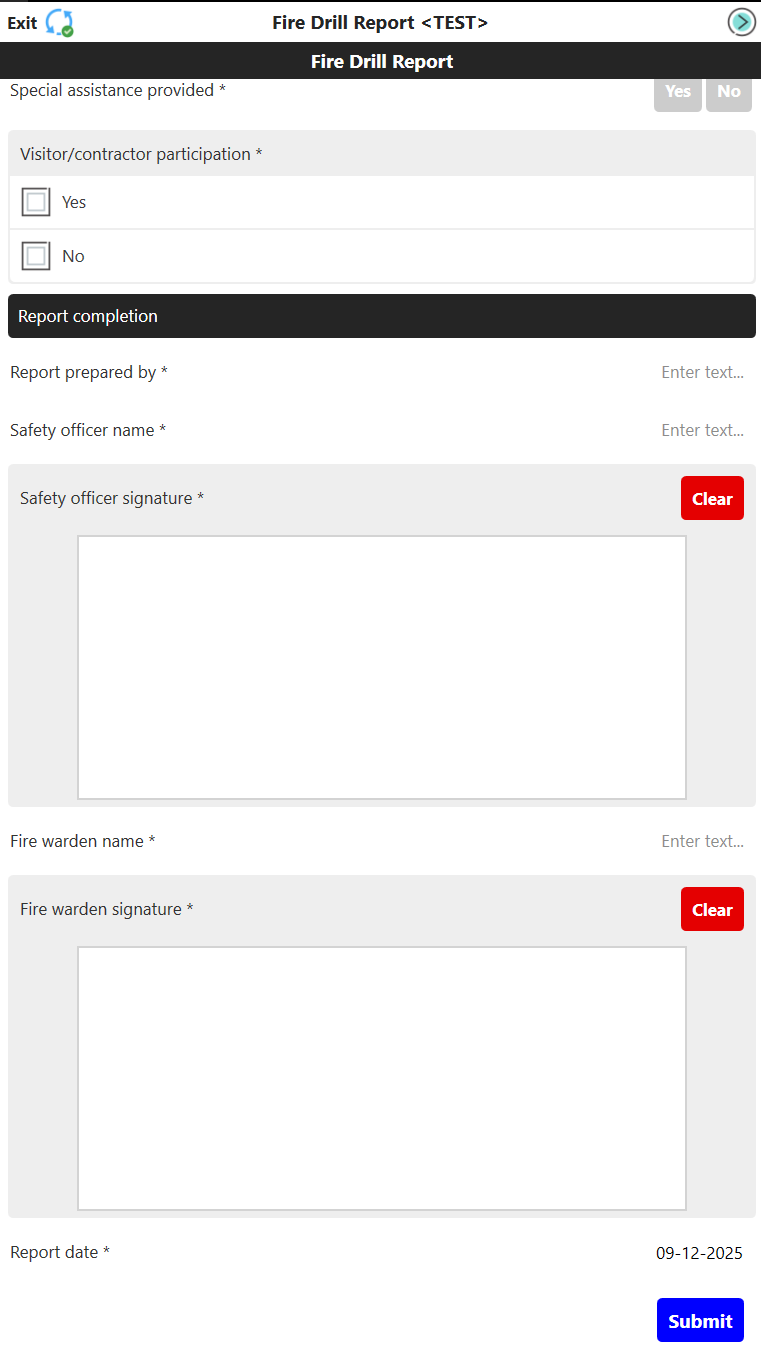 Fire Drill Report Form screen 4.