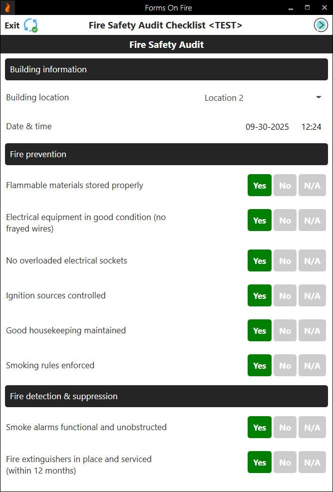 Fire safety audit form screen 1.