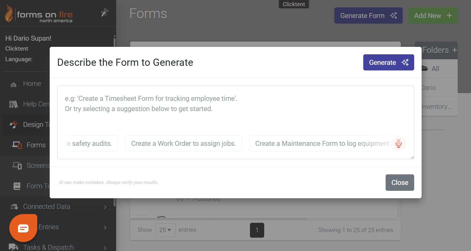 A screenshot of Forms on Fire AI builder.