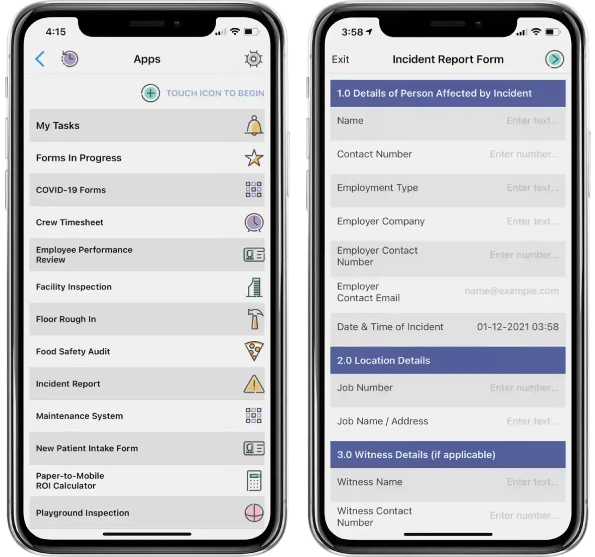 Two phones are displaying a screenshot of a Forms On Fire incident report form.