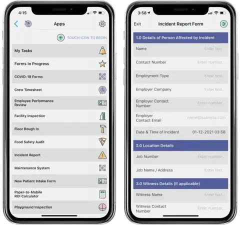 Two phones are displaying a screenshot of a Forms On Fire incident report form.