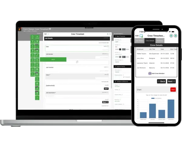 A laptop and a cell phone next to each other showing the Forms On Fire app.
