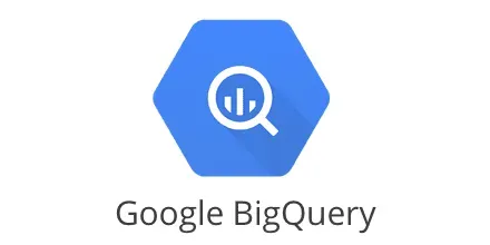 The google bigquery logo is a blue hexagon with a magnifying glass on it.