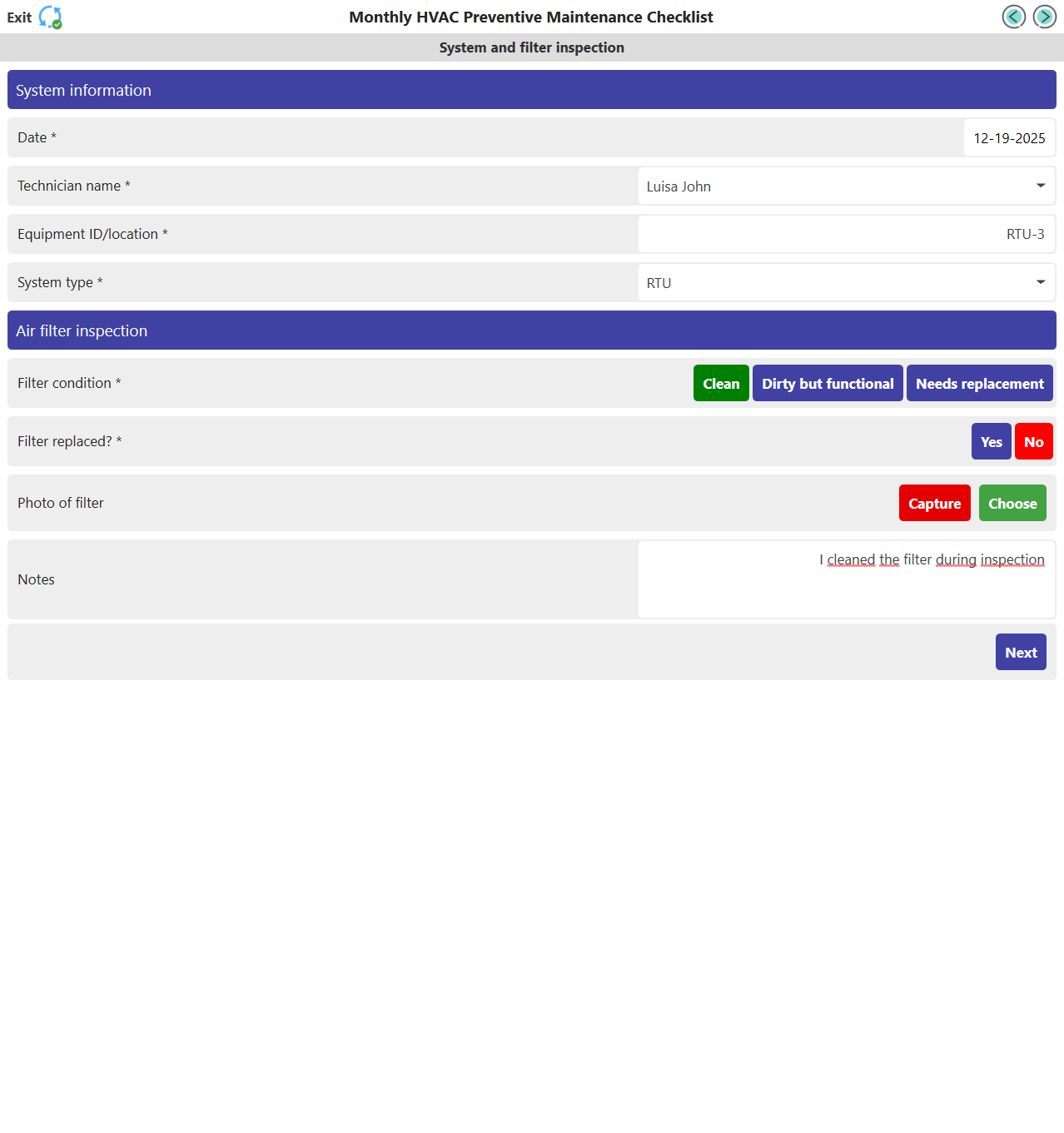 HVAC Maintenance Checklist screen 1.