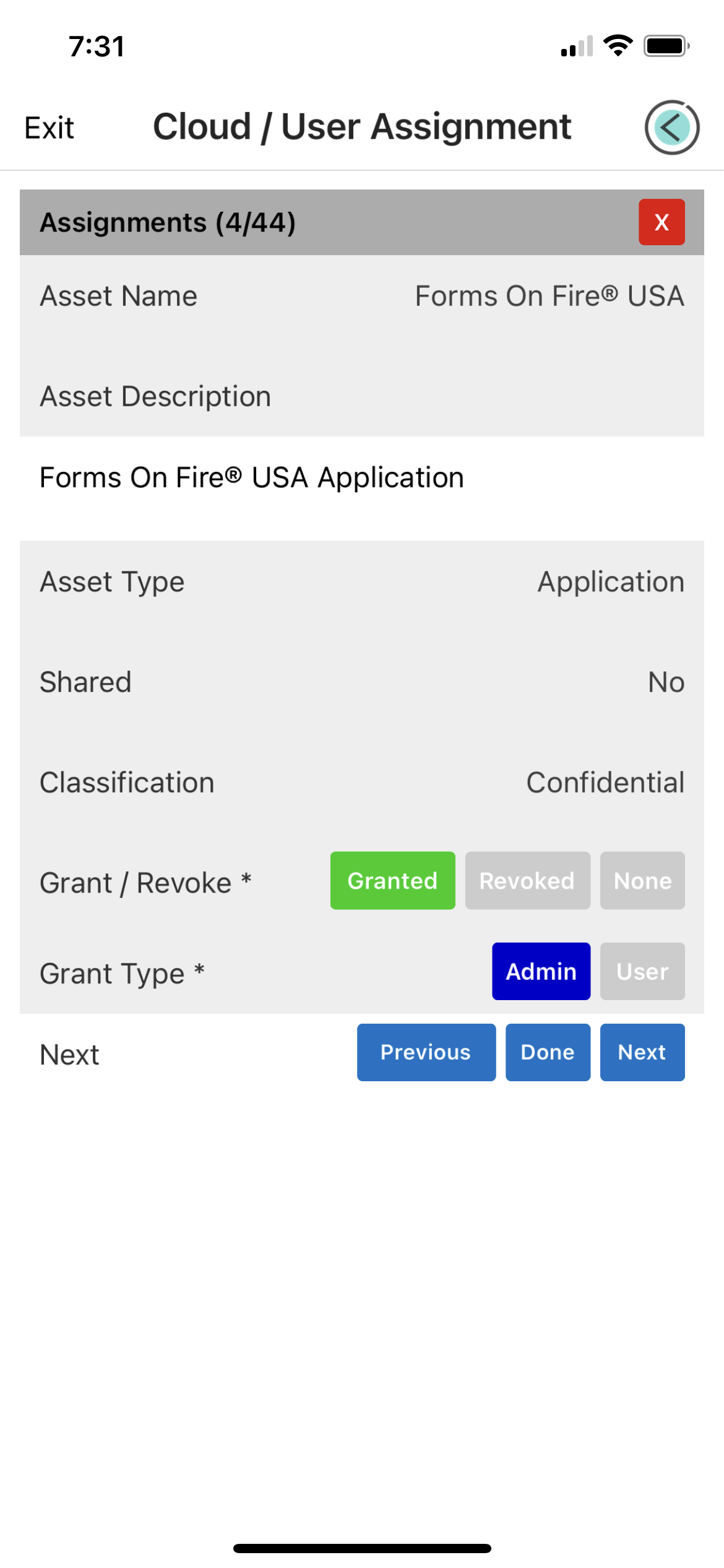 A screenshot of a cloud user assignment on a cell phone.