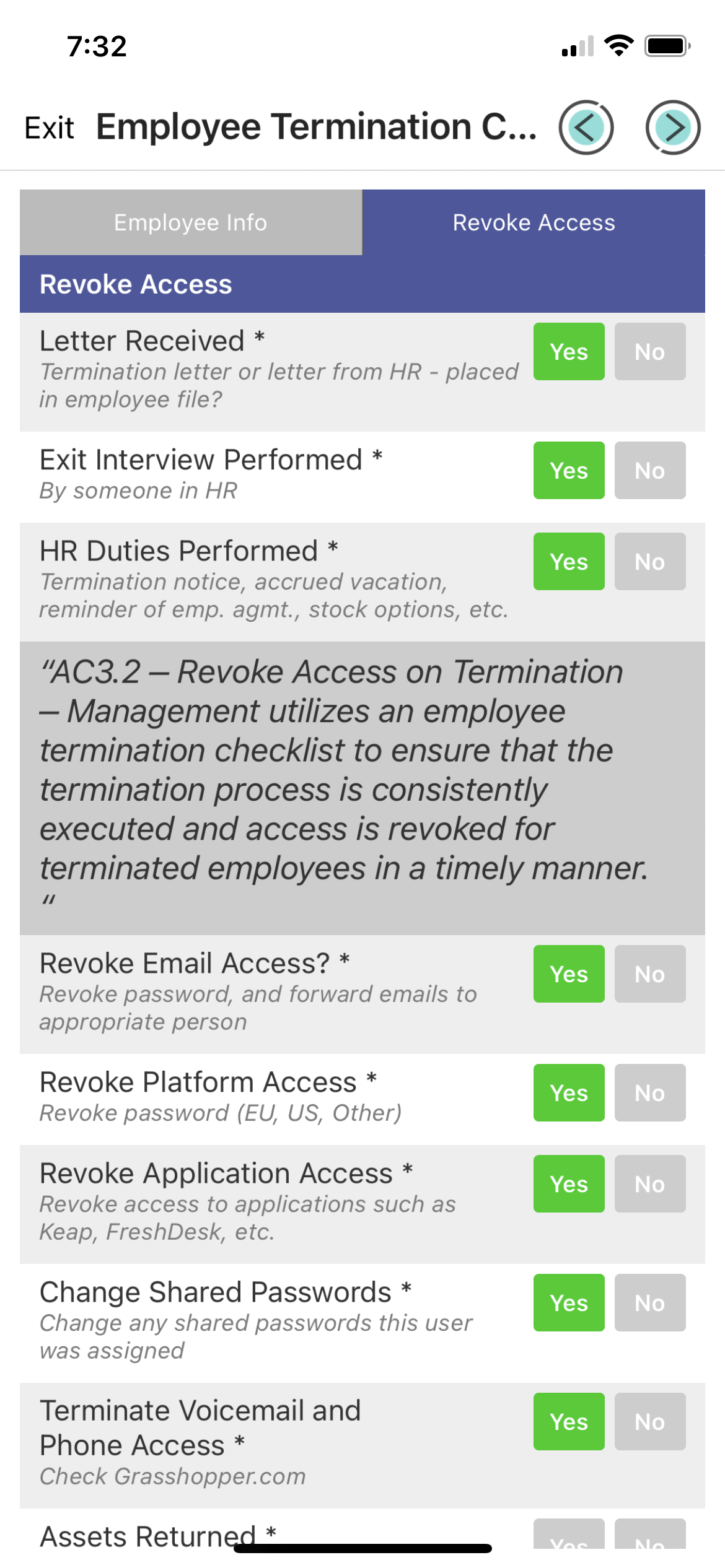 A screenshot of an employee termination app on a cell phone.