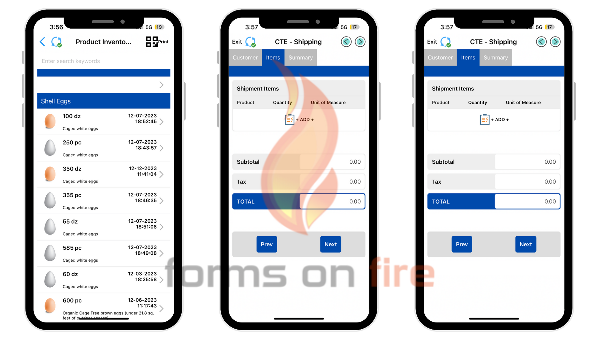 Screenshot examples of Forms on Fire's traceability apps for poultry farm management software. From left to right: product inventory, incoming shipments, and receiving shipments.