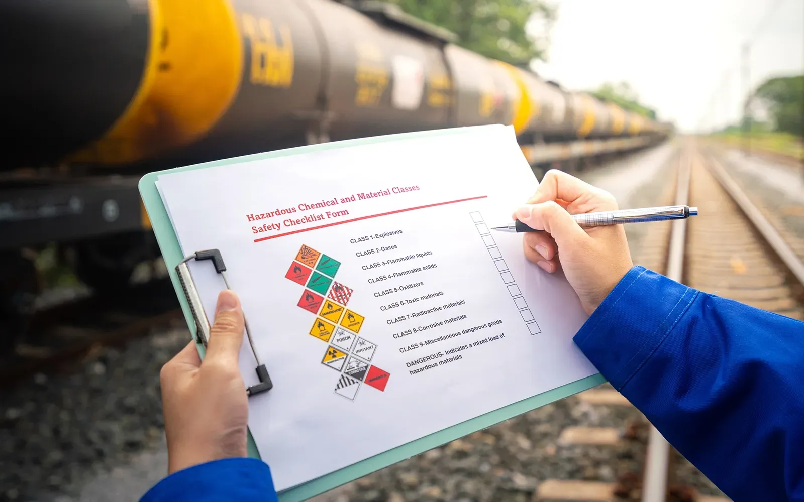 A person is holding a clipboard and writing on it in front of a train.