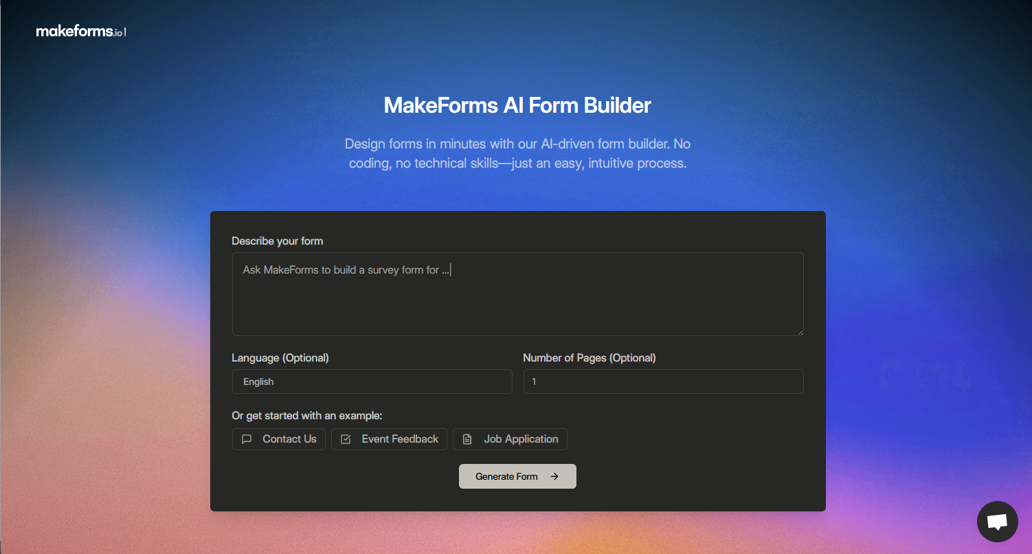 A screenshot of Makeforms AI builder.