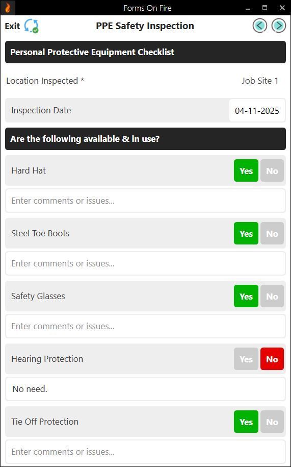 A screenshot of a ppe checklist built with Forms On Fire.
