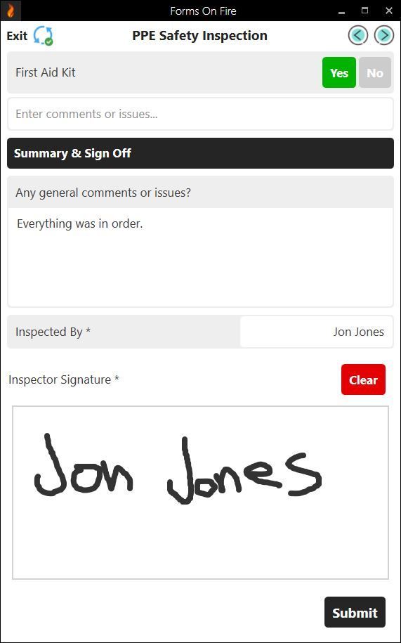 A screenshot of a ppe safety inspection form digital signature.