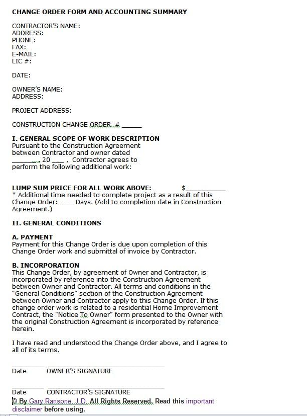 An example of a paper change order form.