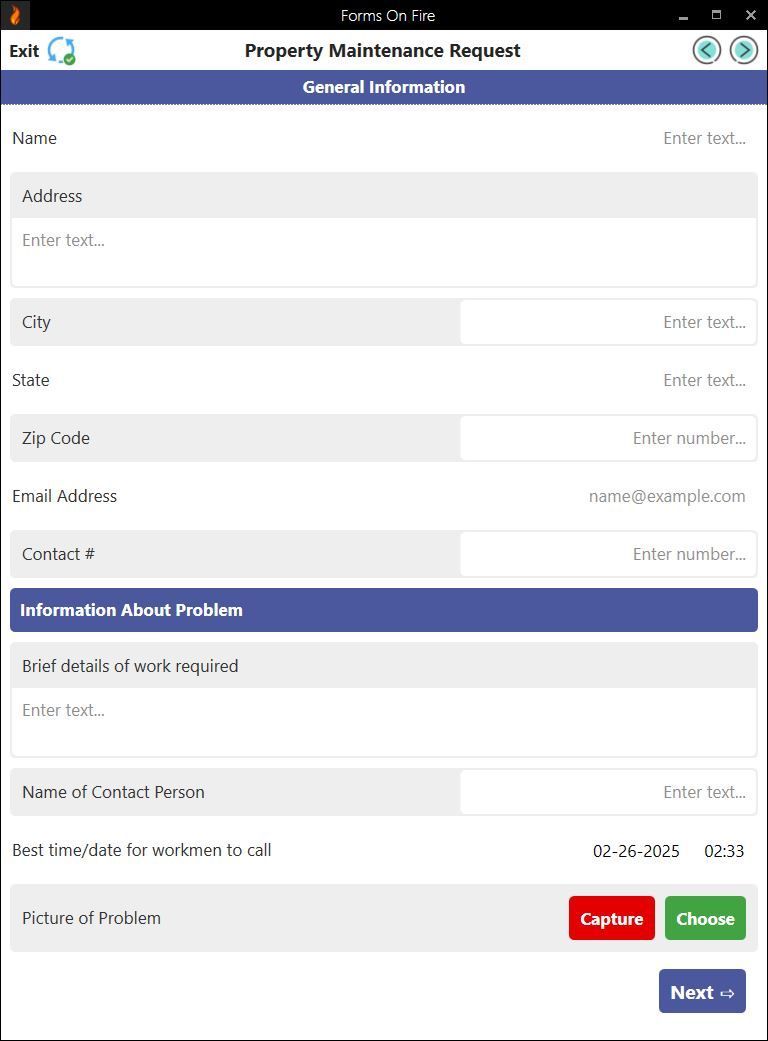 A sample property maintenance service request form built using Forms On Fire.