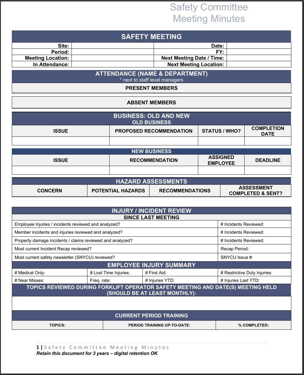 Safety Committee Minutes meeting template.