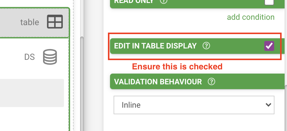 A screen shot of a program that says edit in table display