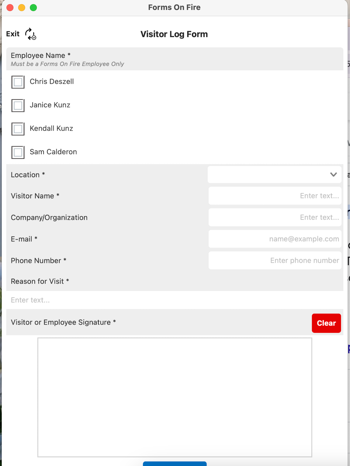 A screenshot of a visitor log template built using the Forms On Fire platform.