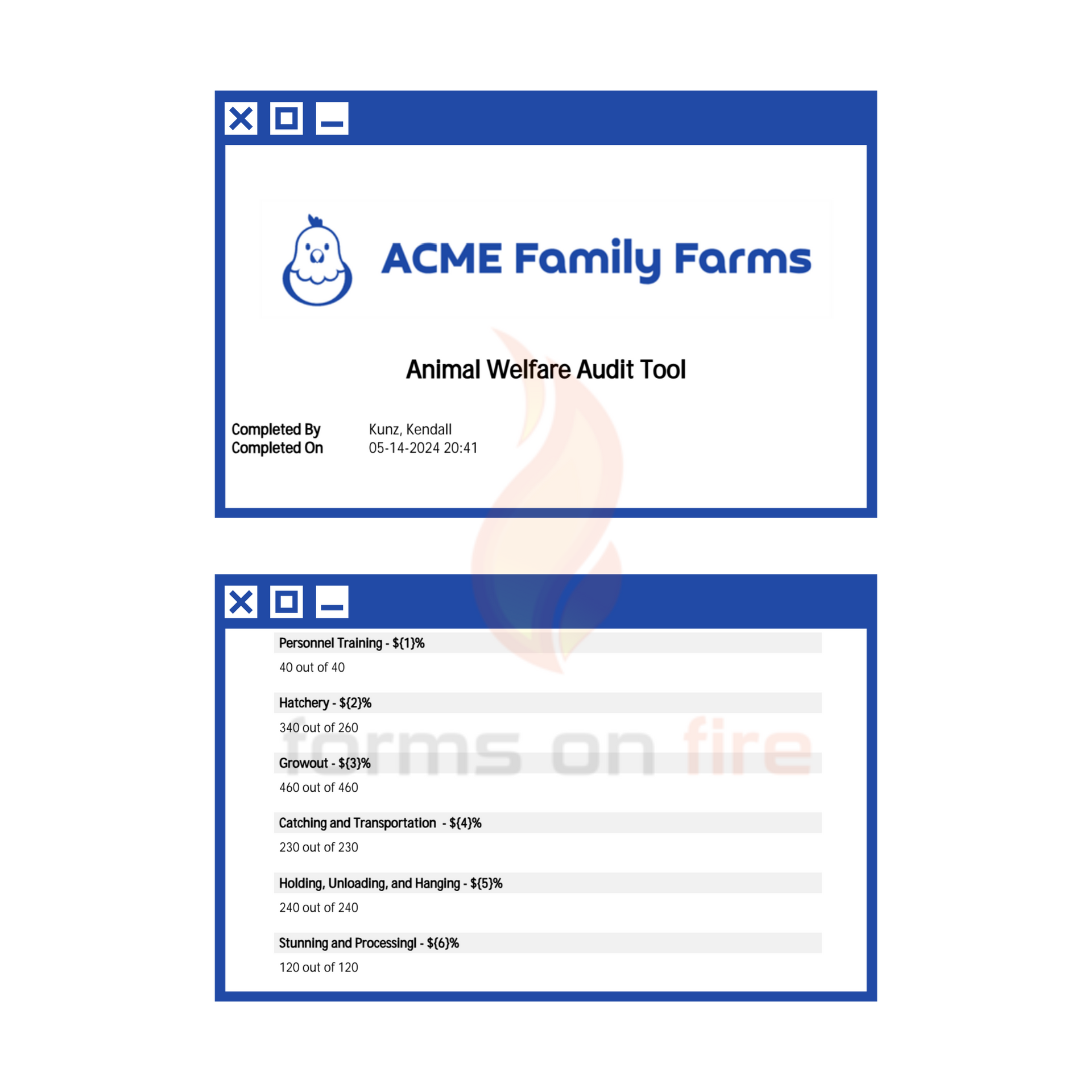 Screenshot example of the Forms on Fire Animal Welfare Audit Tool as part of poultry farm management software.