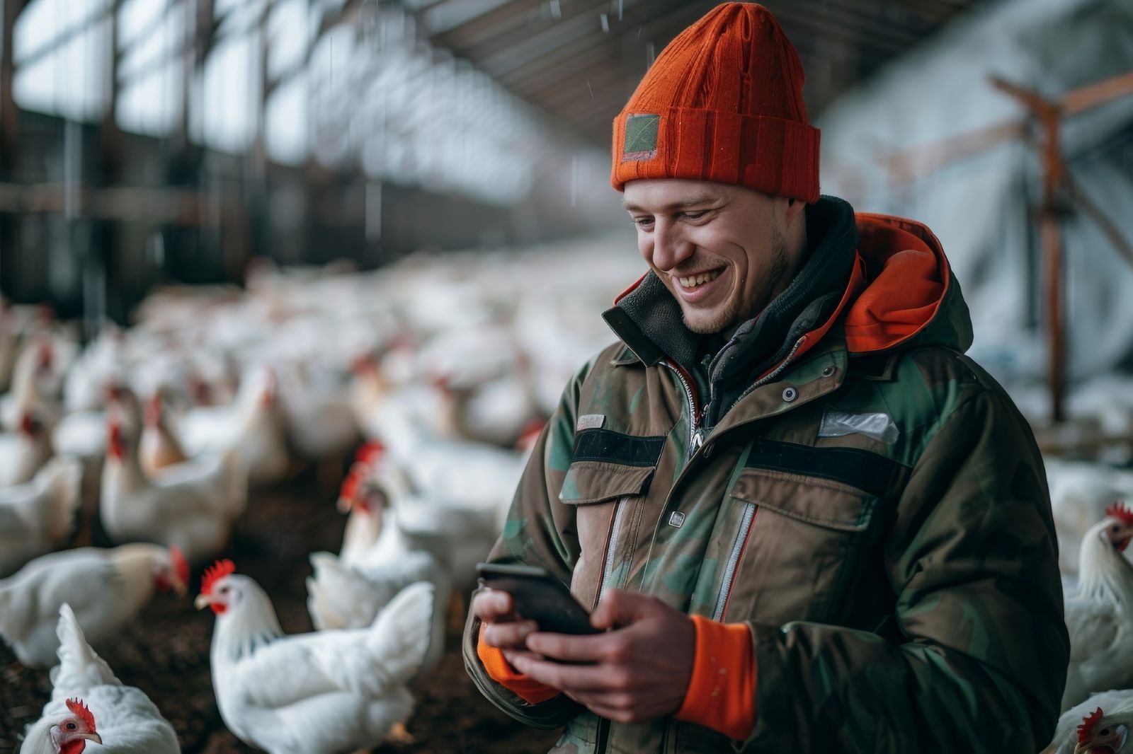 A man is using a cell phone in a chicken coop.