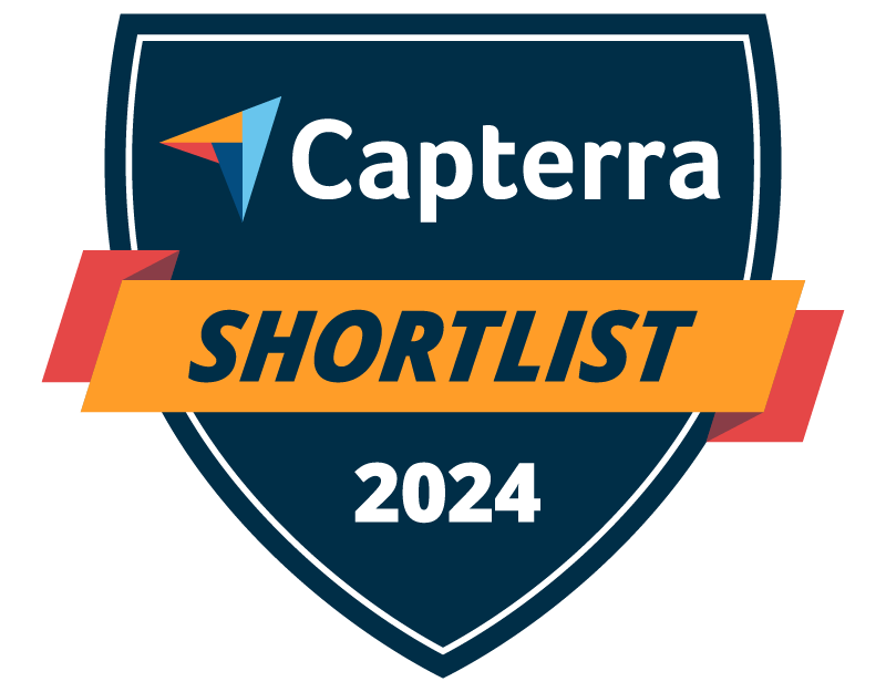 The logo for capterra shortlist 2024 is a blue shield with a red ribbon.