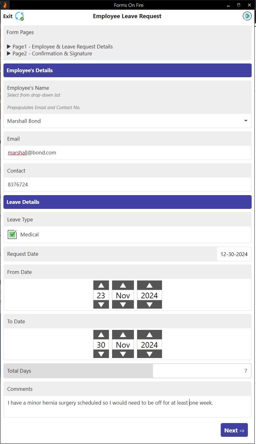 An example of a filled-out time off request form.