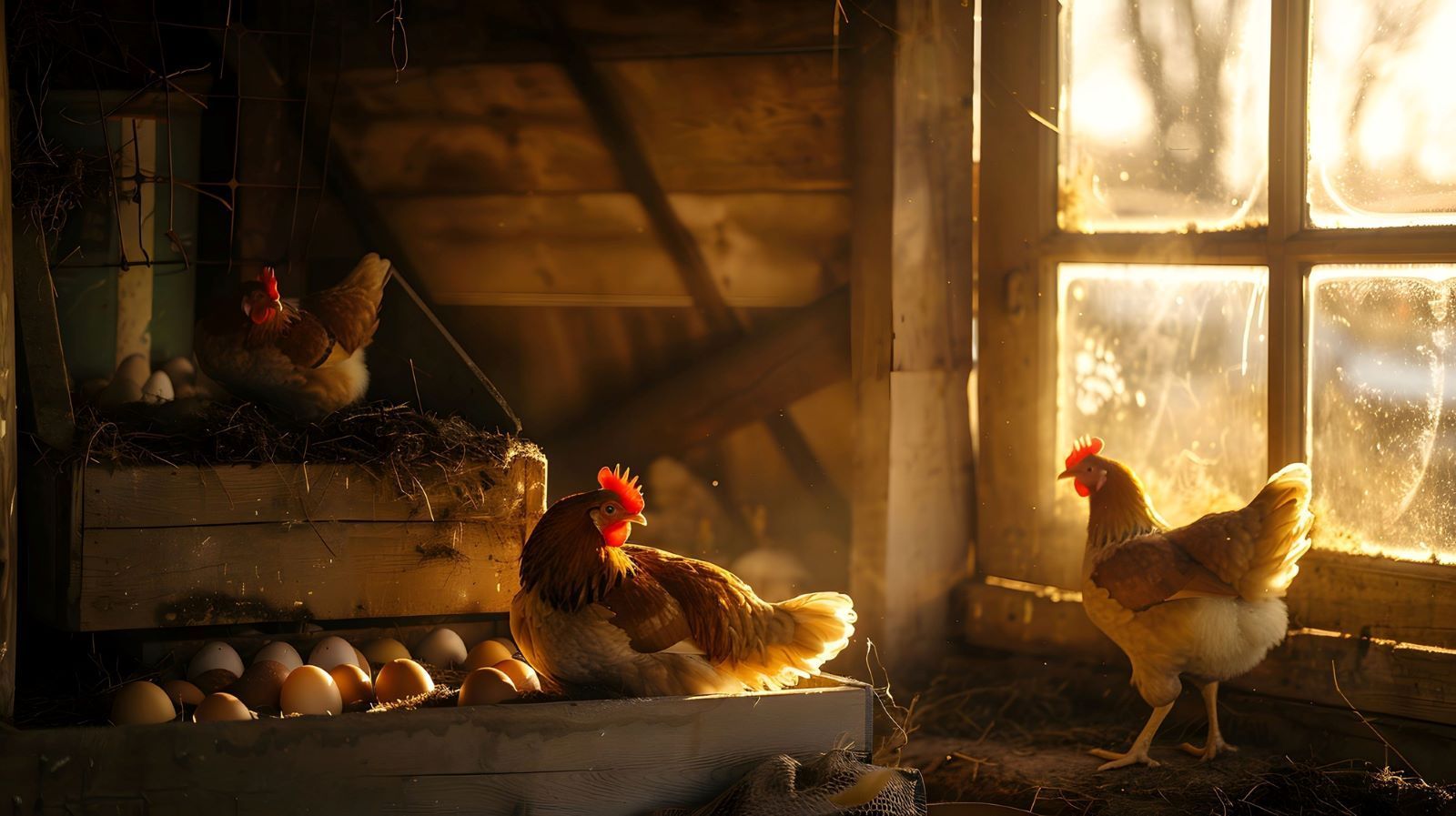 Two chickens are standing in a chicken coop next to a window.