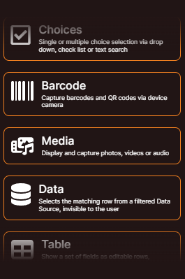 A screenshot of a computer screen showing choices barcode media and data