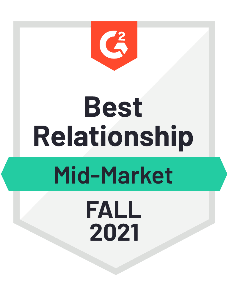 A badge that says `` best relationship mid-market fall 2021 ''.