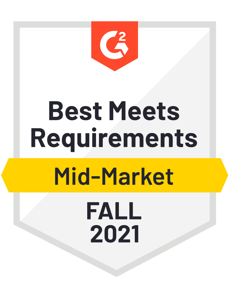A badge that says `` best meets requirements mid-market fall 2021 ''