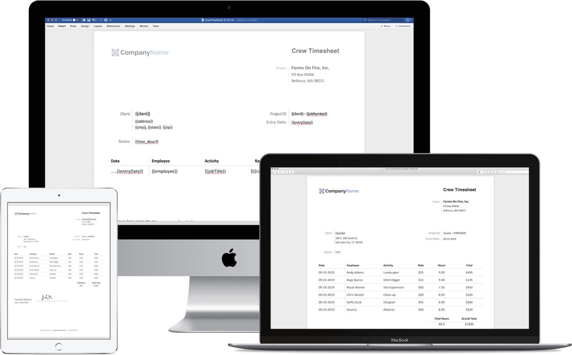 A computer , tablet , and laptop are displaying a document.