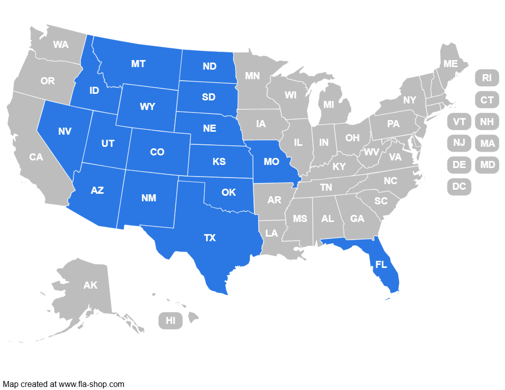 Map of the United States with some states highlighted in blue.