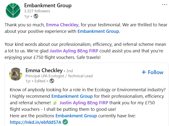 Ecologist testimonial for Embankment Group 