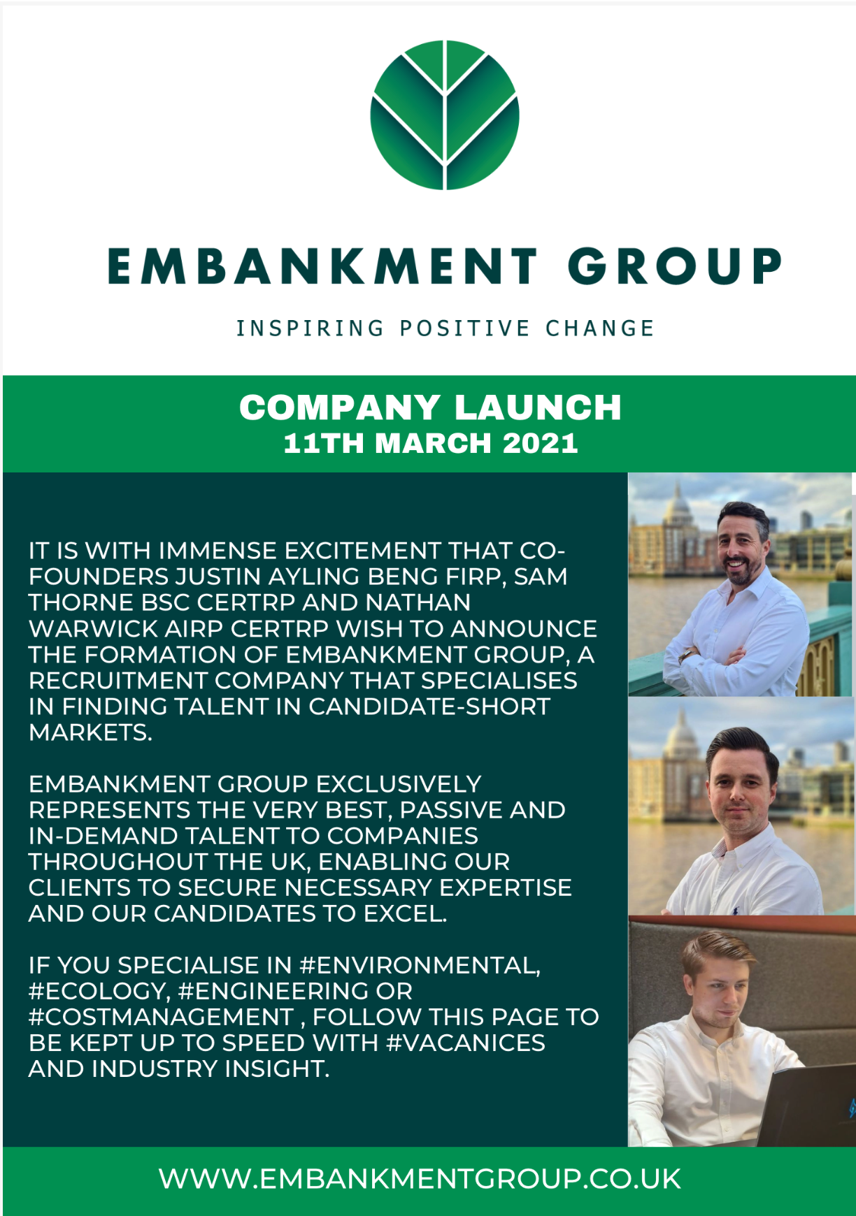 A flyer for a company called embankment group