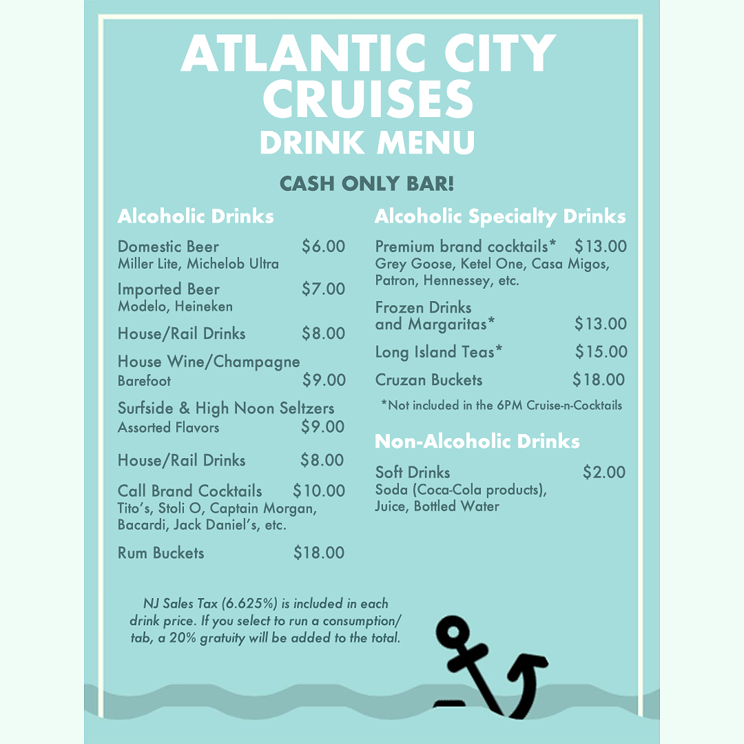 Drink menu for Atlantic City Cruises, cash only bar. 