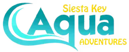Logo for Siesta Key Aqua Adventures. Turquoise "Aqua" text with wave design and yellow text.
