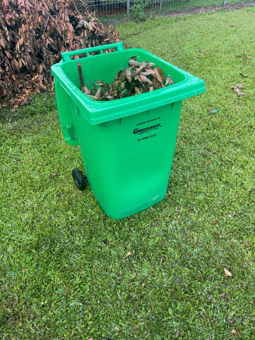 Green trash can filled with leaves on a grassy lawn.— Greenaway Green Waste Removal in O'Briens Hill, QLD